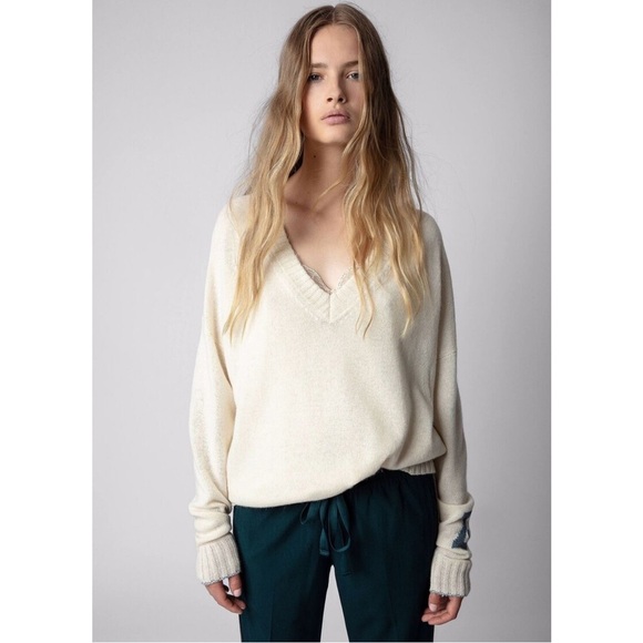 Zadig & Voltaire Rosy Cashmere Wool V-Neck Pullover Sweater Size Small NWT Sugar - Picture 1 of 8